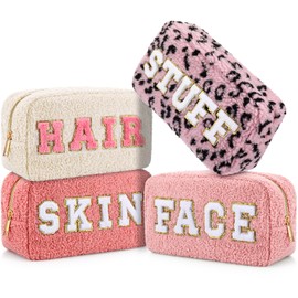 Paterr 4 Pcs Chenille Letter Preppy Patches Makeup Bag Plush Fuzzy Makeup Pouch Hair Skin Face Stuff Bag Large Cosmetic Purse Zipper Travel Toiletry Kit for Spring Gift(Pink Colors)