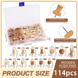 Namner 114 Pcs Wooden Push Pins Assorted Styles, Decorative Cork Board Pins Set for Bulletin Boards, Crafts & Office, Thumb Tacks in Natural & Brown