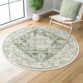 LIVEBOX Sage Green Round Rug 4ft, Vintage Tribal Circle Rug for Entryway Foyer, Low-Pile Oriental Retro Rug for Living Room, Stain Resistant Medallion Circular Rug for Bedroom