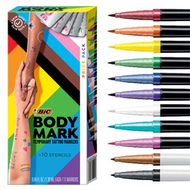 BODYMARK BIC - Marcadores temporales de tatuaje para piel, paquete de orgullo, punta de cepillo para polvo flexible, paquete de 11 unidades de colores surtidos, seguro para la piel, calidad cosmética,