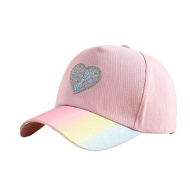 SLOW & MELLOW Kids Girls Cap, Heart, Rainbow Glitter Hat, Cute, Pastel Color, Sunshade, Elementary School Students, Adjustable Size, Velcro Tape, 4 Colors, pastel pink, Free size