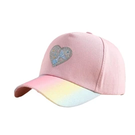 SLOW & MELLOW Kids Girls Cap, Heart, Rainbow Glitter Hat, Cute, Pastel Color, Sunshade, Elementary School Students, Adjustable Size, Velcro Tape, 4 Colors, pastel pink, Free size