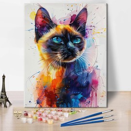 TISHIRON DIY Painting by Numbers for Adults Beginners, Siamese Cats Portrait in Colourful Watercolour Style, Cat Lovers Gift Canvas Picture Watercolour Colour Chart 16 x 20 Inches