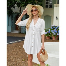 Bsubseach Womens Beach Cover Ups V Neck Button Down Swimsuit Coverup 2025 Summer Lace Splicing Shirt Dresses White