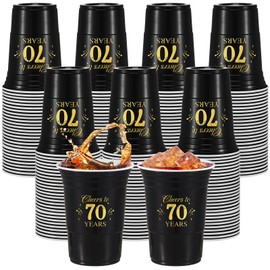 Ziliny 100 Pcs 70th Birthday Cups Bulk, Cheers to 70 Years 16 oz Disposable Plastic Cups for Men Women 70th Birthday Wedding Anniversary Party Favors Decoration Black Gold Hot Cold Drinks Supplies