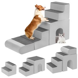 Dog Steps for High Bed, High Density Foam Pet Steps with Durable Non-Slip Waterproof Fabric Cover for Small Dogs and Cats, Pet Stairs for Couch, Chair or High Bed, 5-Tiers (Grey)