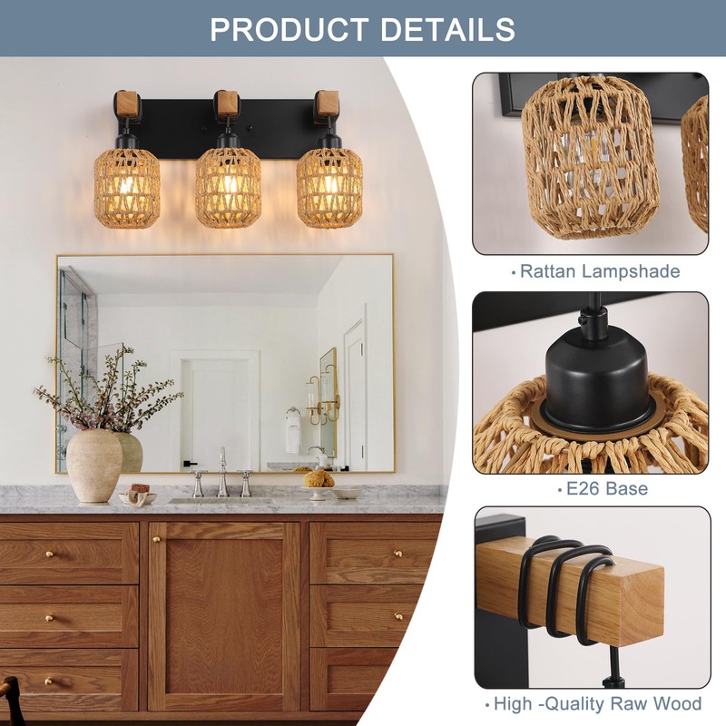 3 Light Bathroom Vanity Light Fixtures， Rustic Style Wood Bathroom