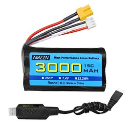 AMZZN 7.4V 3000mAh 15C 2S XT-30 Plug Li-ion Battery with USB Charging Cable for RC High-Speed Cars, Trucks RC Ship Model Car and Huina Engineering Vehicle Batteries