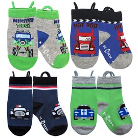 Ez Sox Toddler Boys Girls Socks Non Skid Seamless Toe Anti Slip Grip Pull Up Loops (1-3 Years, Trucks & Cars)