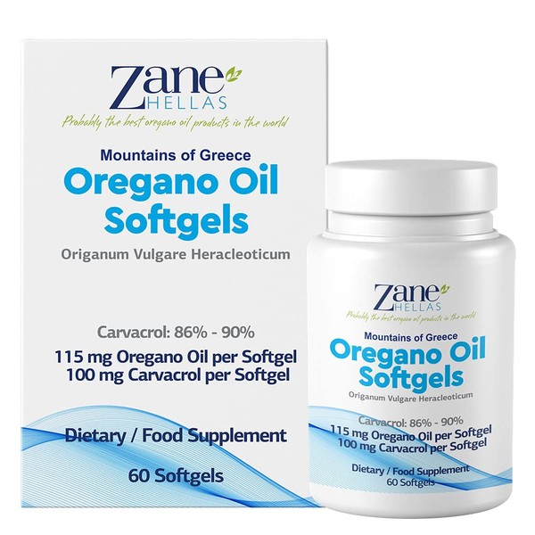 Zane Hellas Oregano Oil Softgels.High Concentration Each Softgel contains 20% Greek Essential Oil of Oregano. 100mg Carvacrol per capsule. 120 capsules. Pack of 2.