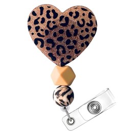 Cheetah Leopard Heart Badge Reel Holder ID Name Retractable Clip Lanyard with Cute Beaded Print Bengals Zoo Keeper Glitter Bling for Nurse Nurses CNA CMA Nursing Healthcare Golden Supplies