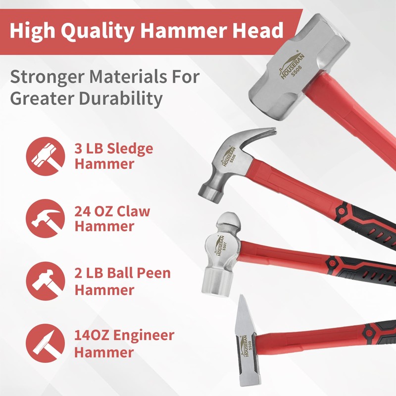 HOUSERAN 7-Pieces Hammer Set, 24 oz Claw Hammer, 12oz Claw
