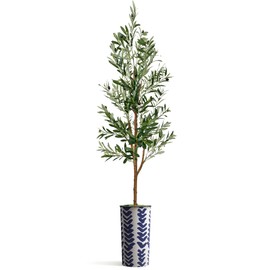 Artificial Tree in Modern Pattern Planter, Fake Olive Silk Tree for Indoor and Outdoor Home Decoration - 68" Overall Tall (Plant Pot Plus Tree)