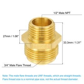 PATIKIL Brass Flare Coupling Fitting, 1/2" Male NPT x 3/4" Male Flare Thread Brass Pipe Fitting Connector Tubing Adapter Coupler Reducer for Propane, Fuel, Oil, Gas System