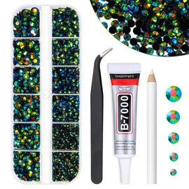 qiipii Peacok Green AB Resin Rhinestones w B7000 Jewelry Glue for Bedazzling Crafting 2mm 3mm 4mm 5mm 6mm Flatback Jelly Stones Diamonds Crystals Gems Charms for Nails Face Eyes Makeup Tumbler Crafts