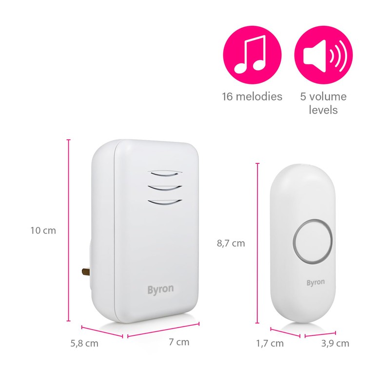Byron Wireless Doorbell Set, Plug-In Chime, 150m Range, 16 Melodies,