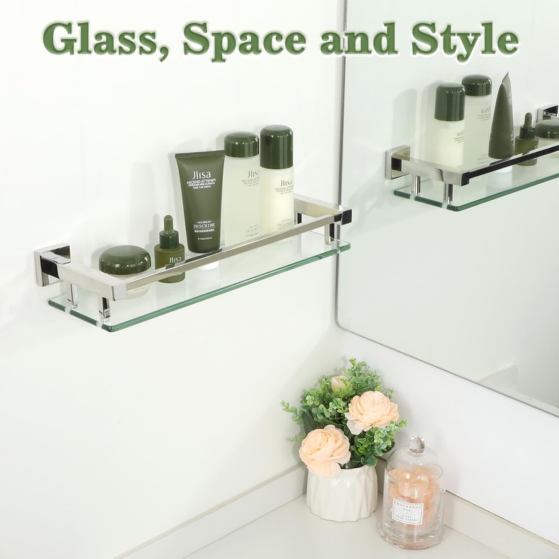 Alise Bathroom Glass Shelf with Stainless Steel Railing, Polished Chrome
