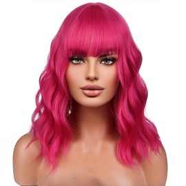 PATTNIUM Hot Pink Wig with Bangs for Women Short Curly Wavy Pink Wig Magenta Wig Dark Pink Wig Neon Pink Wig Girls Heat Resistant Synthetic Wig (Hot Pink)