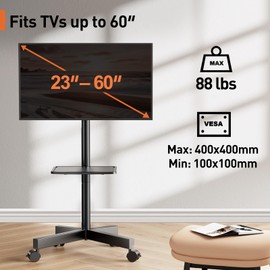Perlegear Rolling TV Stand for 23-60 Inch LED Flat Screen/Curved TVs up to 88lbs,Mobile TV Stand Wheels with Height Adjustable Portable Rolling TV Cart Max VESA 400x400mm PGTVMC06