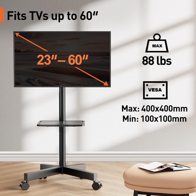 Perlegear Rolling TV Stand for 23-60 Inch LED Flat Screen/Curved