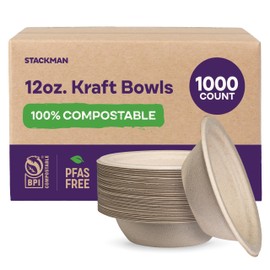 100% Compostable Paper Bowls 12 oz. [1000 Count] Heavy-Duty Soup Bowls - Natural Brown Color Unbleached Bagasse Bowls - Eco-Friendly Disposable Biodegradable Sugarcane - [Bulk Case 8/125 Pack]