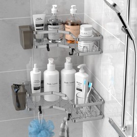 Corner Shower Caddy: 2 Pack Adhesive Shelf Decor - No Drilling Stainless Steel Storage Rack with Hooks and Toothpaste Holder - Bath Accessories