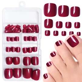 AddFavor 240pc Press on Toenails Burgundy Red Toe Nail Press ons Short Square Fake Toe Nails Glue Press on Toenails for Women Foot Manicure