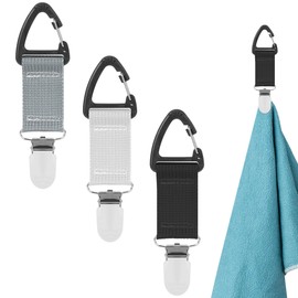 TOCCOOL 3 PCS Tennis Towel Holder, Sports Towel Holder, Hook Clip, Anti-Slip Nylon Strap, Fence Hook, Tennis Towel Hook(White, Black, Light Grey)