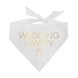 Wedding Pawty Metallic Printed Dog Bandana | 100% Cotton Adjustable Triangle | Wedding Photo Prop | Bridal Shower | Engagement Announcement |White, Gold Foil (1315)