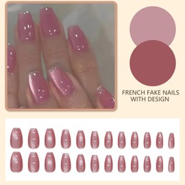 Ceboic 24 Stück French Press on Nails, Mittel Eckig Fingernägel zum Aufkleben Rosa Katzenauge Falsche Nägel, Glänzend Künstliche Nägel Selbstklebende Square Fake Nails Full Cover Kunstnägel
