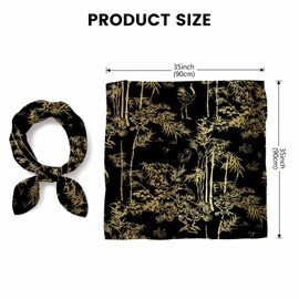 Xuwenz Head Scarf Chinese Pattern Silk Scarf for Women Hair Wrap Sleeping Gold Leaf Bird Crane Tree Bandana 90x90 CM