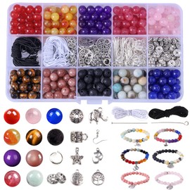 Nenjing 504pcs Chakra Lava Beads, 8mm Natural Semi Precious Stone Kits for Threading Loose Bracelets Beads for Adults Craft Jewelry with Gift Bags