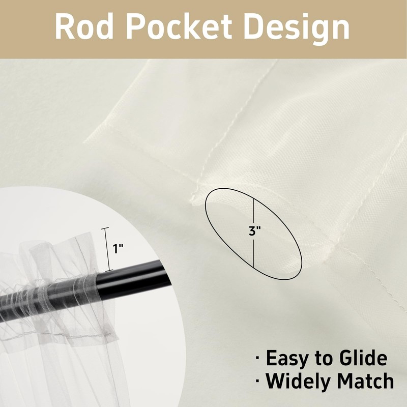 Pacok Cream Voile Curtains, 54 Drop Net Curtain for Windows,