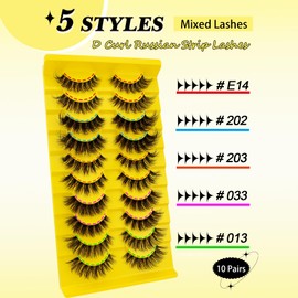 10 Pairs Russian Strip lashes With Clear Band 16mm D Curl 5 Styles Mixed Cat Eye Lashes Wispy, that Look Like Extensions Volume Faux Mink False Eyelashes(10Y-QNH-MIX)