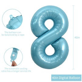 TONIFUL 40 Inch Light Blue Large Numbers Balloons 0-9, Number 8 Digital 8 Helium Balloons, Blue Foil Mylar Big Number Pastel Balloons for Birthday Party Anniversary Supplies Decorations