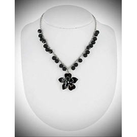 Pendant Necklace Black Silver Tone Beaded Fringe Flower 16-19" Statement Chunky Pendant Rhinestone Necklace for Women