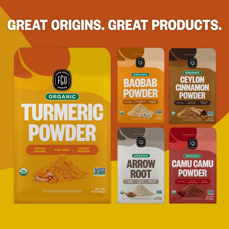 FGO Organic Turmeric Powder w/Curcumin, 8oz Resealable Pouch, USDA Organic