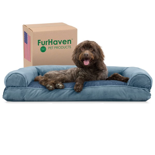 Furhaven Pillow Dog Bed for Large/Medium Dogs w/ Removable Bolsters & Washable Cover - Faux Fur & Velvet Sofa - Harbor Blue, Large