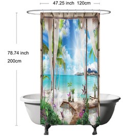 Ulticool Shower Curtain - Beach Sea Nature - 120 x 200 cm - Washable - Anti Mould - with 8 Rings - Blue White Green