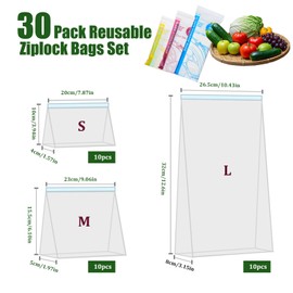 30pcs Zip Lock Bags, Food Storage Freezer Bags,Reusable Sliding Zip Food Storage Bag with Expandable Bottom,3 Sizes Food Leakproof Ziplock Bag for Vegetables, Fruits, Meat, Grains