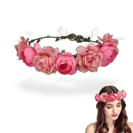 Flower Wreath Flower Crown Headband, Flower Wreath Hair, Boho Flower Crown, Flower Headband Hair Band, Flower Wreath Crown Headband, Women Girls Bridal Roses Flowers (Pink)