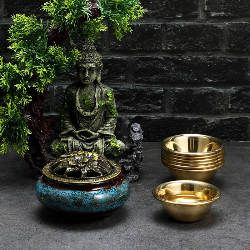 7Pcs Golden Buddhist Offering Cups - Copper Water Bowls for