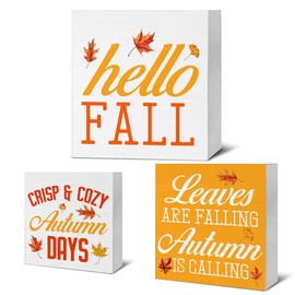 Hello Fall Wood Signs Fall Decor Farmhouse Autumn Leaves Wooden Blocks Signs for Tiered Tray Table Desk Shelf Decor Set of 3