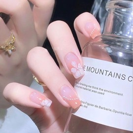 Nail Tips, Set of 24 False nails, Gradient, Pink, Cherry Blossoms, Shiny, Nails, Finger Parts, Double-sided Tape, 48 Sticks, File, Alcohol Pad Included, Petals