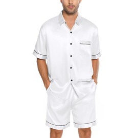 SWOMOG Men Silk Satin Pajamas Set Button Down Sleepwear Short Sleeve Pjs Set Soft 2 Piece Lounge Set Nightwear with Pockets White Large