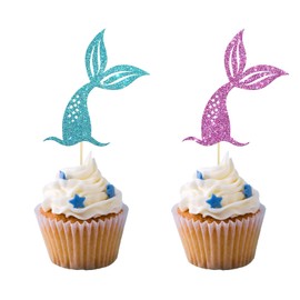 Set of 24 Glitter Pink & Blue Mermaid Tail Cupcake Toppers, Pearls Decor for Baby Girl Birthday Party, Mermaid Sign Baby Shower Party Supplies, Gender Reveal Party Decoration
