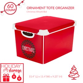 Simplify Christmas Wreath Design 60 Count Holiday Tote Bin Ornament Storage, 15.4"x 11.4"x 9.25", Red