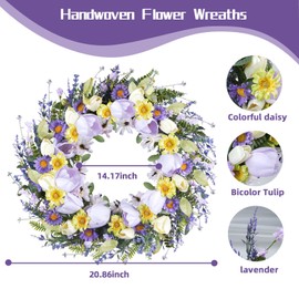 21" Tulip Wreath, Spring Summer Wreaths for Front Door Artificial Tulip Flowers Colorful for Indoor & Outdoor Porch Wall Window Farmhouse Kitchen Easter Party