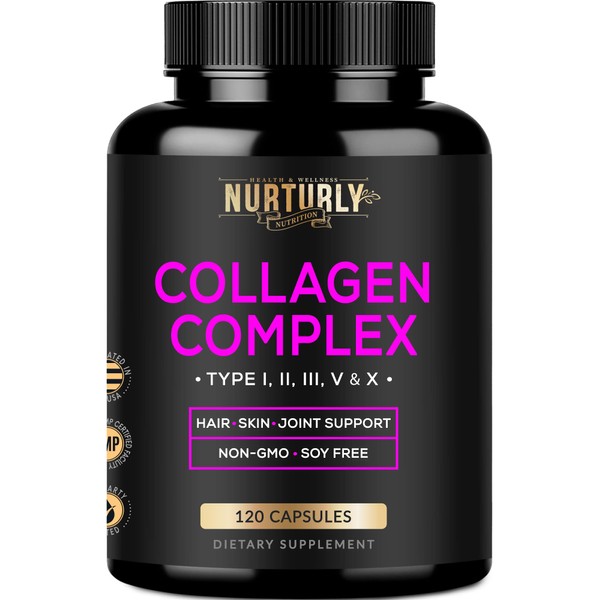 NURTURLY Multi Collagen Peptides Powder Capsules - Hydrolyzed Collagen Peptides Types (I, II, III, V & X) - Collagen Supplements for Joint Health, Anti-Aging, Hair, Skin & Nails - 120 Capsules