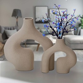 Ceramic Vase Set of 2, Round Modern Vase for Nordic Minimalist Book Style Shelf Decor, Donut Boho Aesthetic Vases for Trendy Home Living Room Entryway Coffee Table Decorative.Living Room Deco